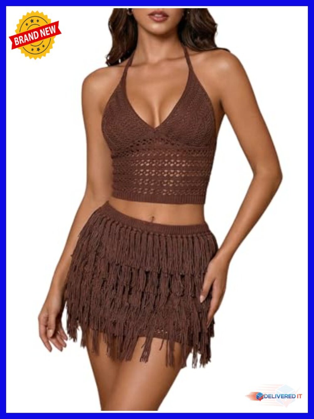 Crochet Halter Crop Top Fringe Mini Skirt Set